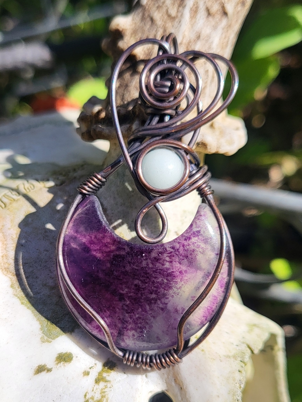 Fluorite Crescent Moon W/ Blue Glow Stone Pendant